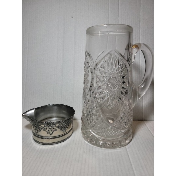 Art Deco Pressed Glass Pitcher with Silver Plated Top - Picture 6 of 7